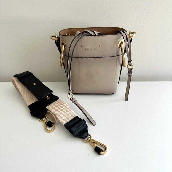 CHLOE Roy Small Gray Patent Leather Bucket Crossbody 2 Way Bag - Picture 4 of 13